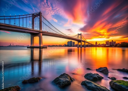 Iconic Throgs Neck Bridge at Sunset, New York City Skyline photo