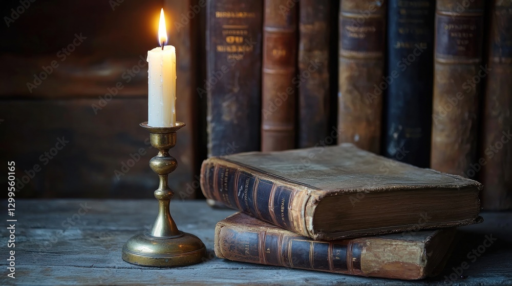 Lit candle beside antique books on wooden surface. Lit candle beside antique books on wooden surface.