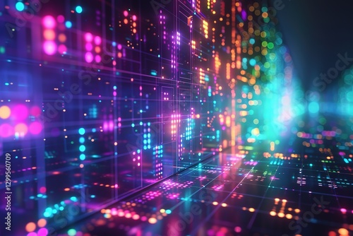 Digital technology abstract with glowing squares in blue, purple, and green tones floating in a modern grid