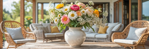 Wallpaper Mural beautiful vase with summer flowers on table, comfortable rattan chairs, seating area against the backdrop of the house Torontodigital.ca