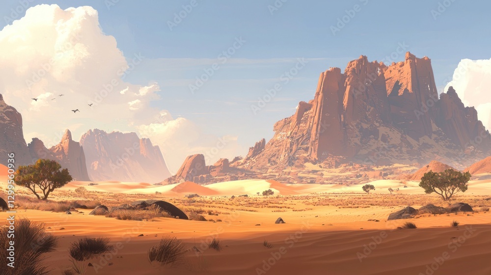 Naklejka premium Sunlit desert landscape with rocky mountains and sparse vegetation.