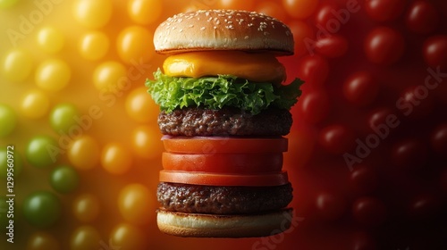 Stacked Burger on Colorful Background photo