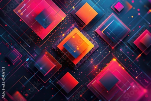 Colorful technology-inspired abstract shapes, vivid neon gradients in a square 3D modern design