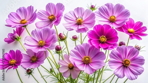 Isolated Purple Cosmos Flowers on White Background - Aerial View