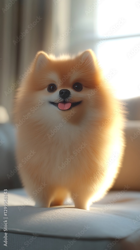 Adorable smiling pomeranian dog enjoying soft sunlight indoors Adorable smiling pomeranian dog enjoying soft sunlight indoors