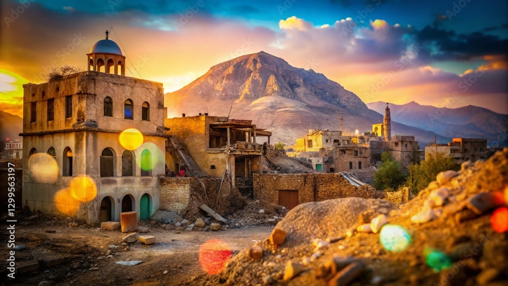 Fototapeta premium Jericho West Bank: Abandoned Building & Mount of Temptation Bokeh - Dramatic Palestinian Landscape Stock Photo