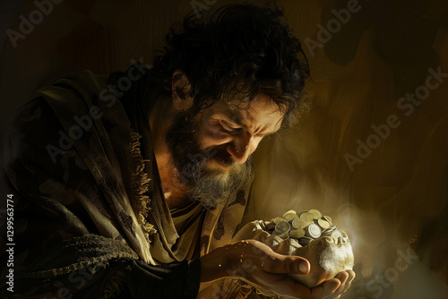 Illustration of Judas Iscariot the Traitor receiving payment for betraying Jesus in the biblical story of Holy Wednesday