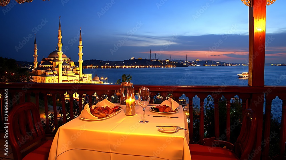 Naklejka premium Romantic Istanbul dinner, mosque view