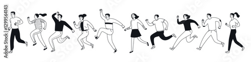 People running. Men, women actively moving. Linear set of characters. Vector illustration isolated in doodle style