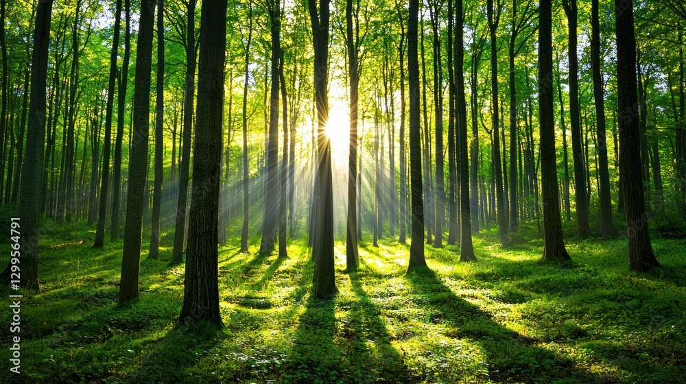 Sunbeams pierce a lush green forest at dawn. Sunbeams pierce a lush green forest at dawn.