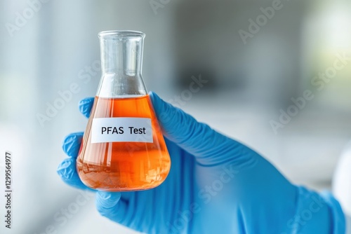 pfas test with orange liquid in lab flask held by blue gloved hand