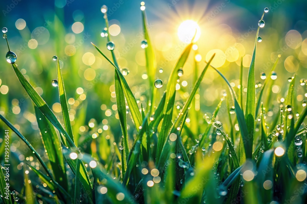 Fototapeta premium Kentucky Bluegrass Macro Photography: Dew-Kissed Blades at Sunrise