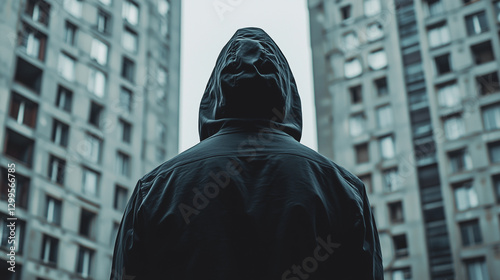 Mysterious hooded figure standing between tall urban apartment buildings, facing away. Dark and moody atmosphere with a gritty cityscape