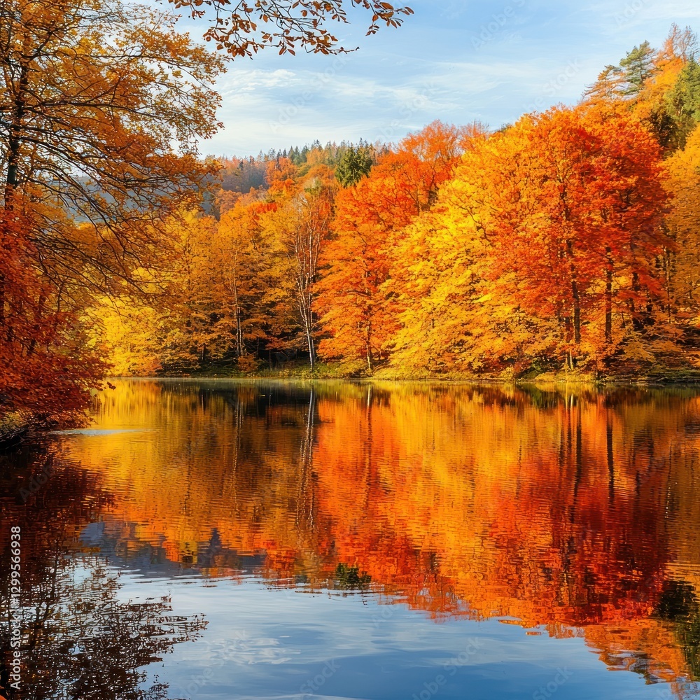 Fototapeta premium Autumn trees reflected in calm lake water.