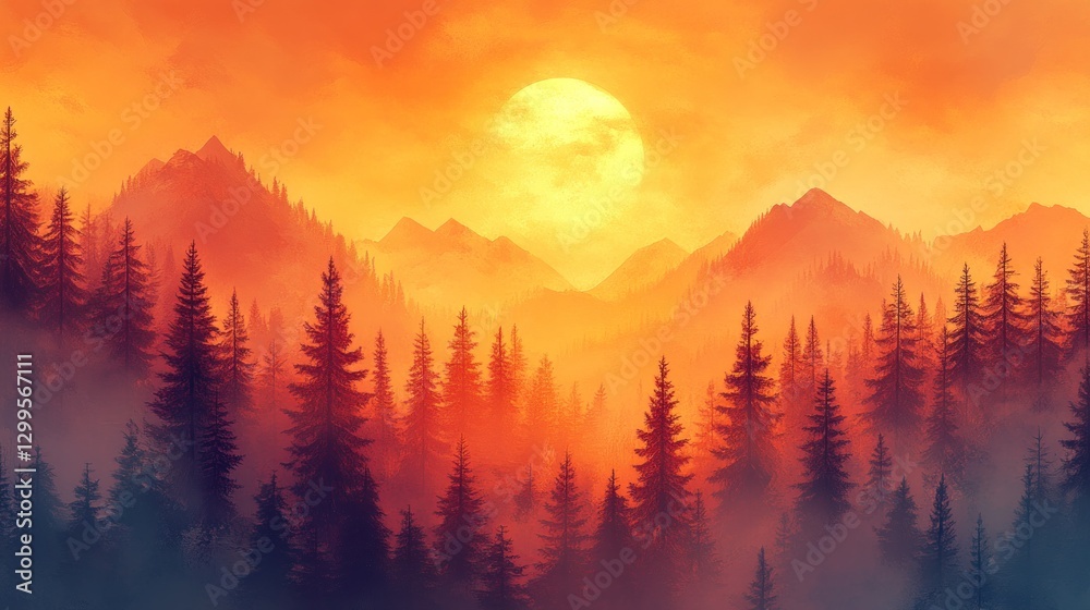 Fototapeta premium Sunrise, misty mountains, pine forest, fiery sky