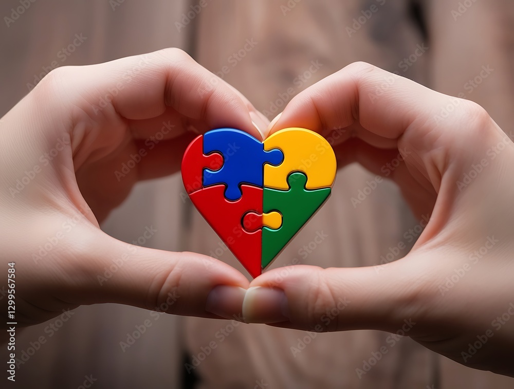 custom made wallpaper toronto digitalSymbolic heart-shaped puzzle in hands, representing love, unity, autism awareness, support, and care
