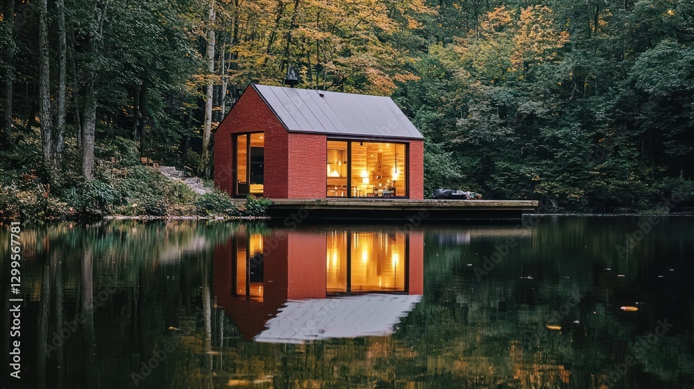 Fototapeta premium Lakeside red cabin at dusk, lights on, reflecting in calm water.