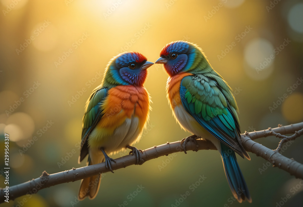 Obraz premium Two vibrant birds perch closely on a branch, gazing at each other with softness. The golden sunlight filters through trees, enhancing the beauty of their plumage