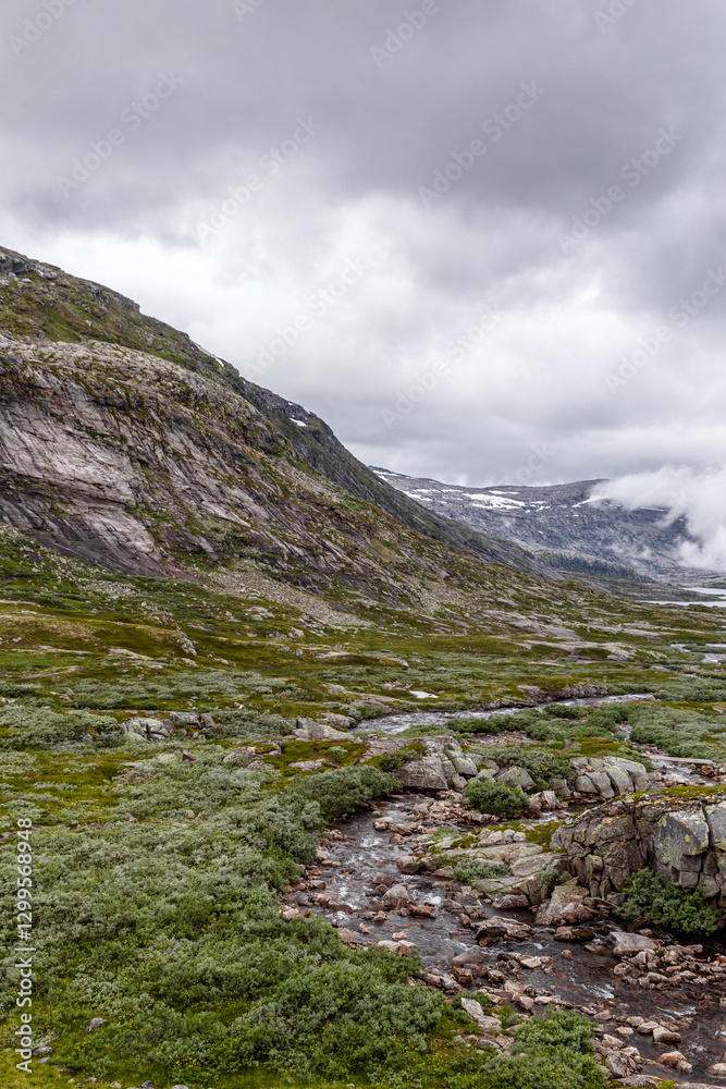 Breathtaking View of a Serene River Valley Surrounded by Majestic Mountains Under a Dramatic Cloudy Sky Captured in Scenic Nature Landscape Breathtaking View of a Serene River Valley Surrounded by Majestic Mountains Under a Dramatic Cloudy Sky Captured in Scenic Nature Landscape