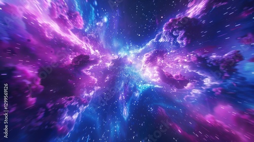 An abstract blend of blue and purple neon glow symbolizes the speed of light, with bursts of cosmic energy and light.
