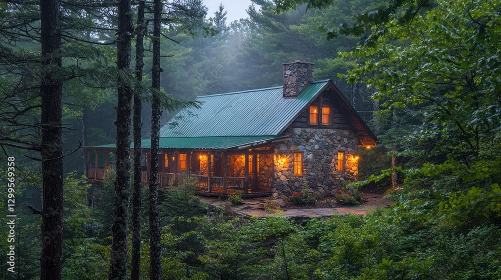 Secluded stone cabin in misty forest at dusk. Secluded stone cabin in misty forest at dusk.