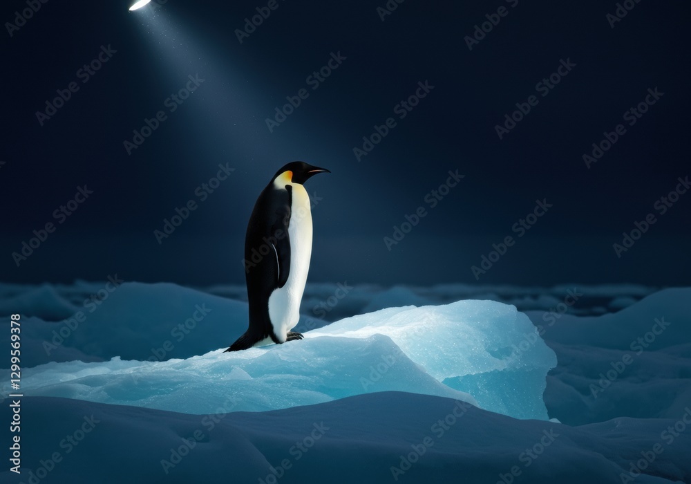 Obraz premium Lone Emperor Penguin on Iceberg at Night