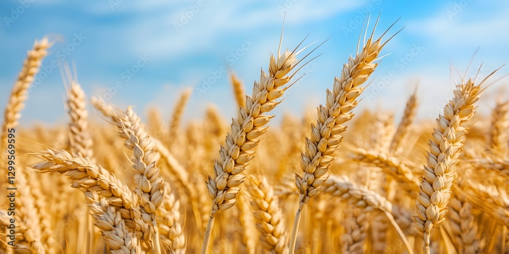 Fototapeta premium Golden wheat field on a sunny summer day scenic countryside landscape with ripe cereal crop under blue sky long title Breathtaking panoramic view of