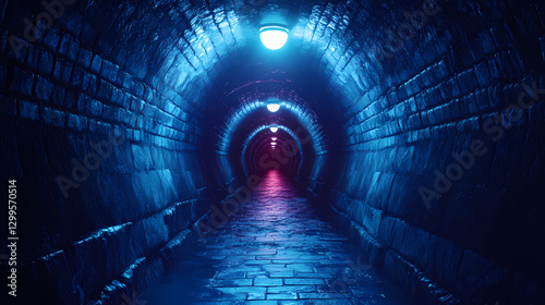 Fototapeta Naklejka Na Ścianę i Meble -  Eerie 3d render of isolated dungeon with twisting tunnels and flickering lights. Mystery - Night. Illustration