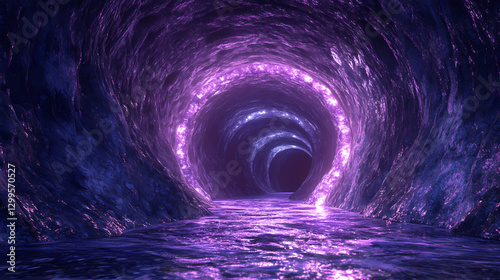 Fototapeta Naklejka Na Ścianę i Meble -  Eerie 3d render of isolated dungeon with twisting tunnels and flickering lights. Mystery - Night. Illustration