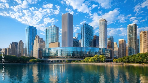 City skyline reflecting in calm water with greenery.