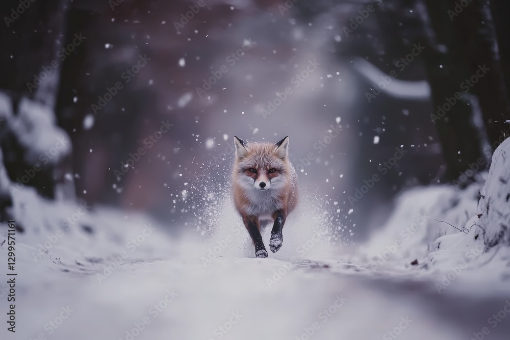 Fototapeta premium Dashing Fox Running Through Snowy Forest with Fluffy Snowflakes