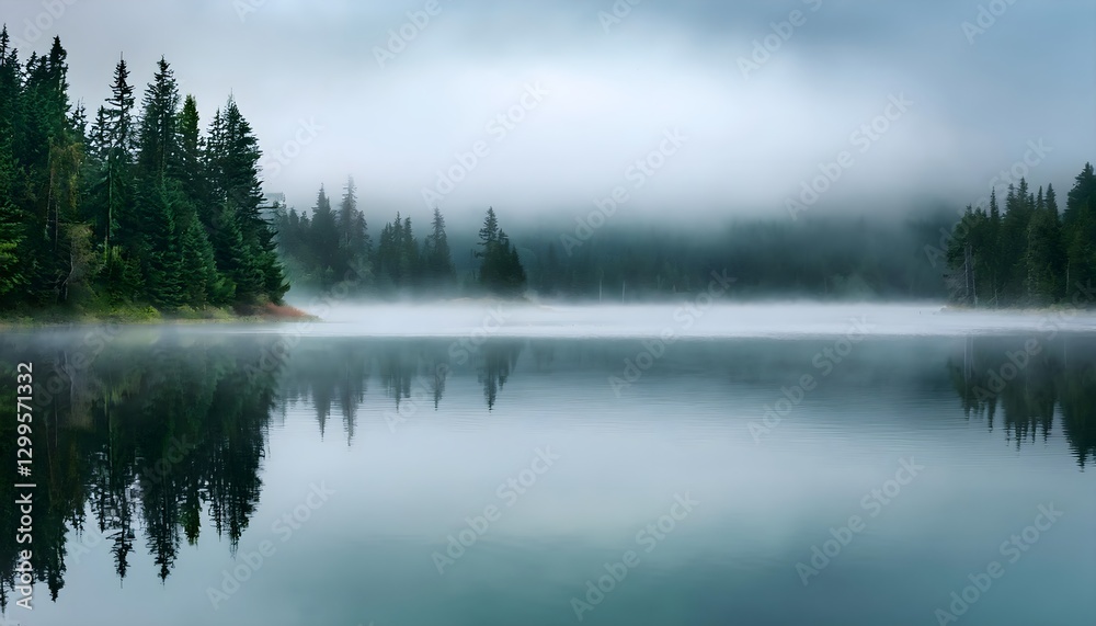 Fototapeta premium Foggy Morning Over a Tranquil Forest Lake, Mystical Landscape with Fog and Water Reflections, Dreamlike Lake Scene with Fog and Reflections.