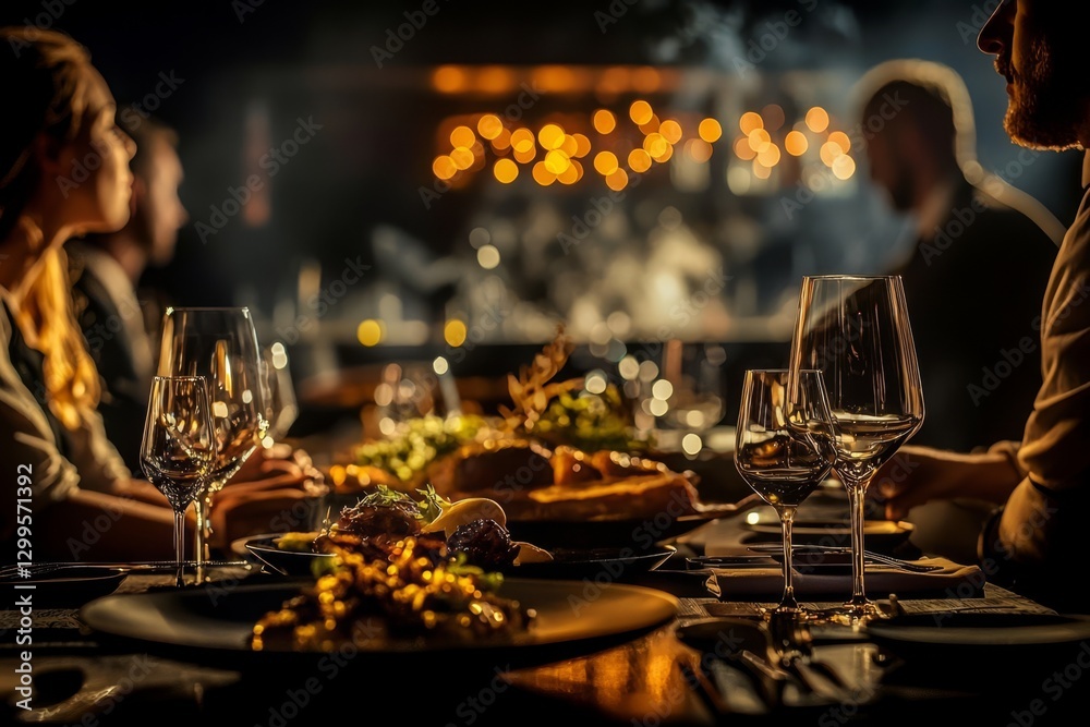 Naklejka premium Waitstaff efficiently attending to diners in a bustling eatery.