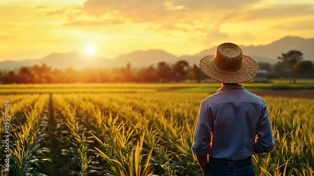 Farmer observing sunset over lush fields, mountains in background, peaceful rural scene Farmer observing sunset over lush fields, mountains in background, peaceful rural scene