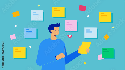 Social Media Planning A marketing manager surrounded by sticky notes and planning boards with sketches of engagement metrics while reviewing social media posts created by