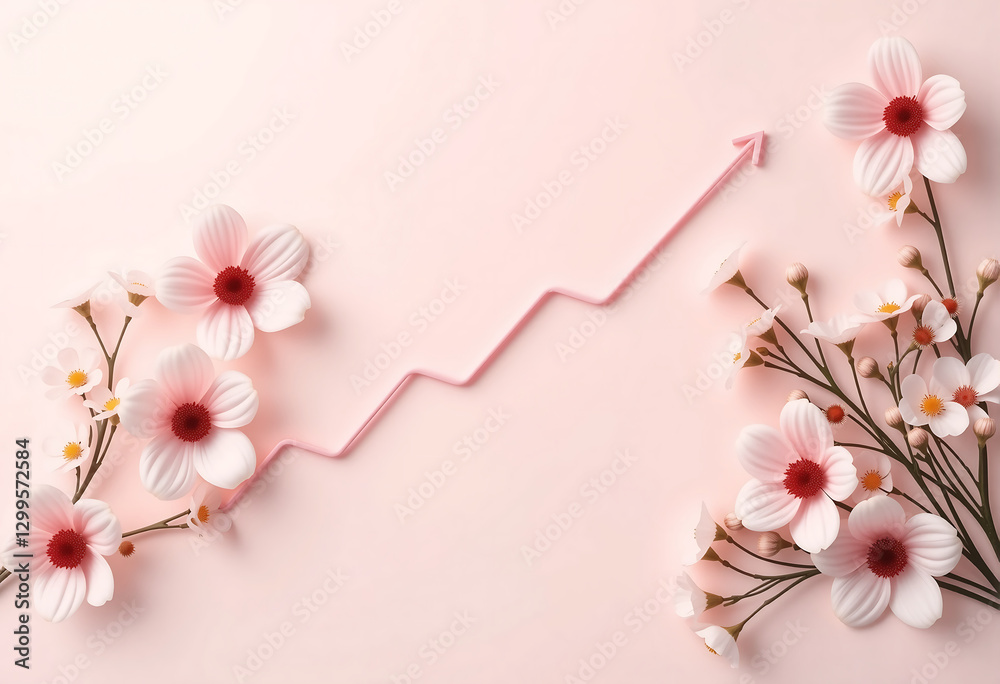 Floral motifs in soft pink surround a rising graph line, symbolizing growth, success, and empowerment of women in business, highlighting resilience and innovation