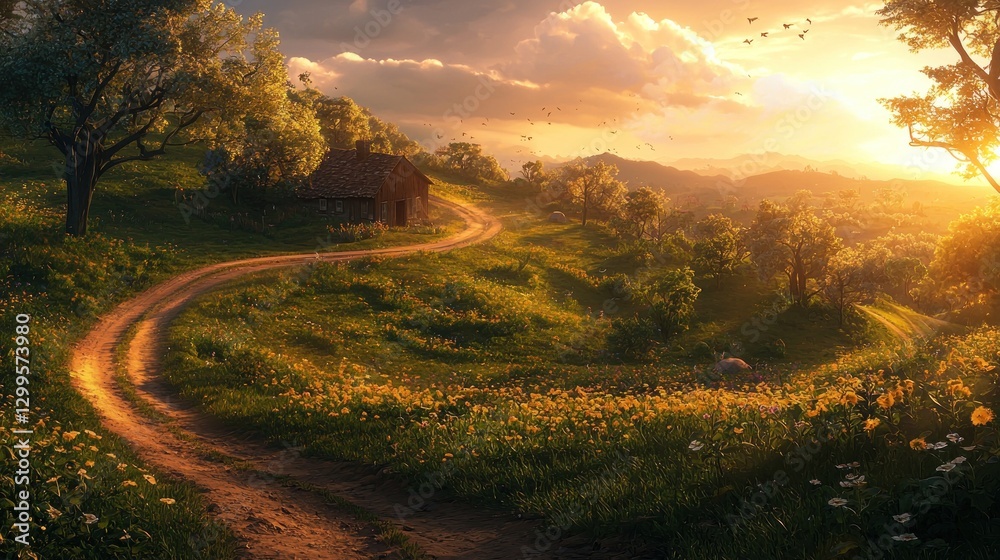 Fototapeta premium Sunset over winding road, cabin, wildflowers.