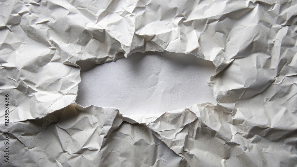 Obraz premium A piece of paper with a large tear in the center, revealing a jagged edge and frayed edges , creased, tear, creased