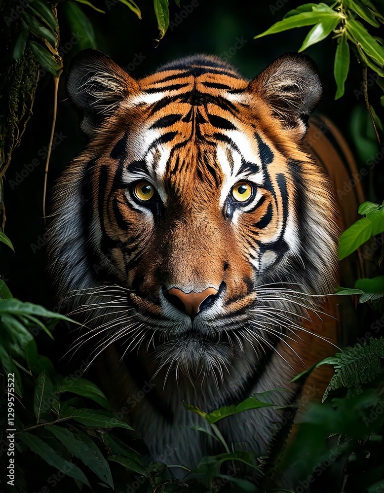Fototapeta premium Gran tigre oculto al asecho. Concepto de vida salvaje.