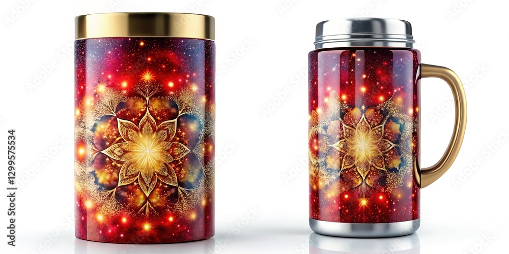 Fototapeta premium Cherry-red thermos, gold accents, water splashes, night sky kaleidoscope, tilt-shift.