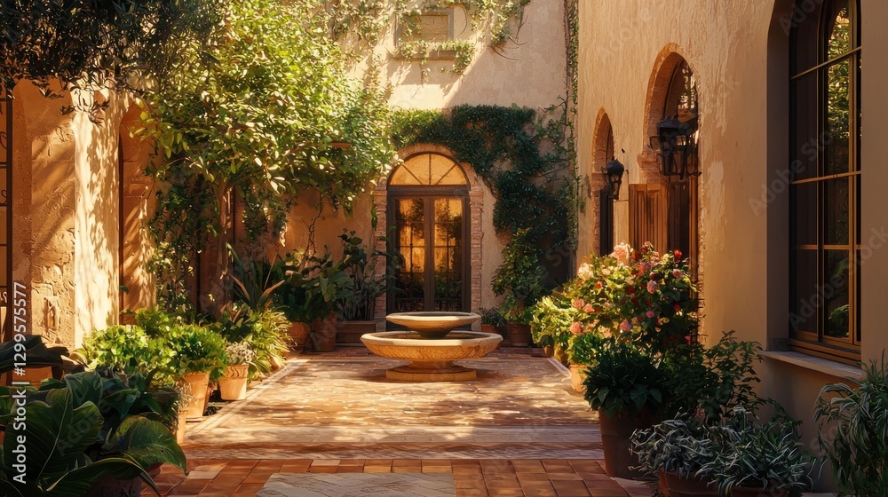Fototapeta premium Sunlit Mediterranean courtyard with fountain, plants, and arched doorways.