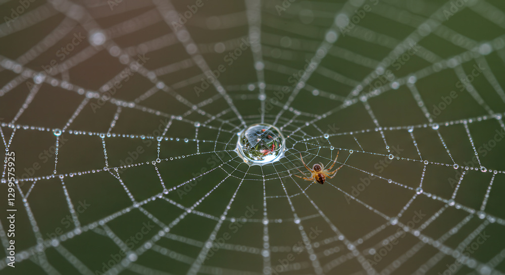 Obraz premium Macro Close-up of Spider Web with Dewdrops and Light Reflections in Natural Outdoor Setting