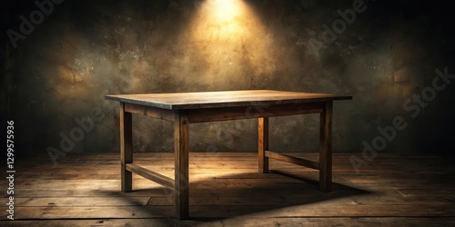 Old wooden table with a dark rusty top and worn legs in a dimly lit room with a single light source