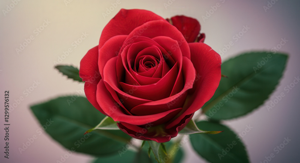 Red Rose Blooming in Nature Close-Up with Green Leaves on Pink Background