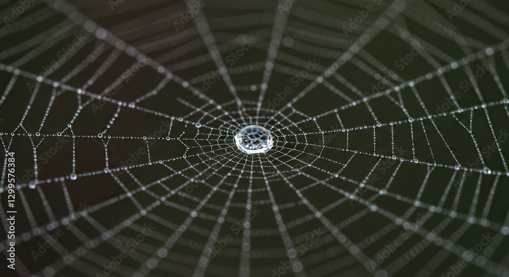 Obraz premium Close-Up of Spider Web with Dew Droplets Displaying Symmetrical Design and Details in Nature