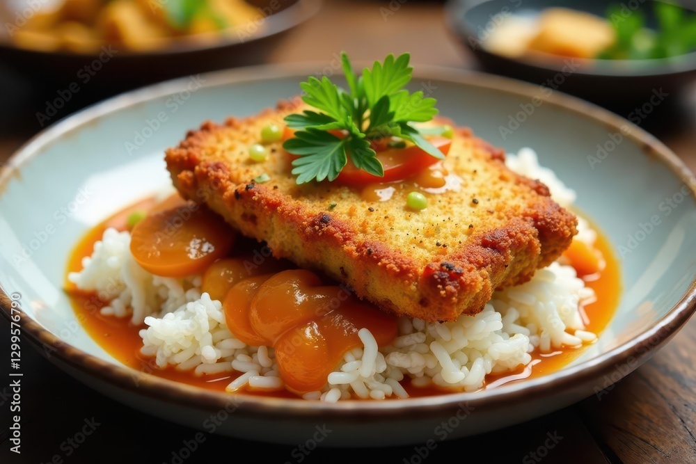 Crispy fried pork cutlet on top of a flavorful Thai-style curry served over a bed of fluffy white rice , table, rice, meal Crispy fried pork cutlet on top of a flavorful Thai-style curry served over a bed of fluffy white rice , table, rice, meal