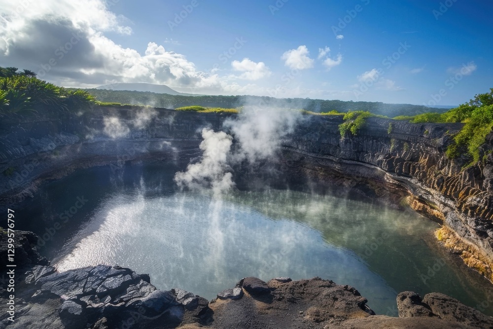 Steaming volcanic crater lake. Rugged cliffs meet lush greenery beneath a bright blue sky. Hot water reflects the light. Steaming volcanic crater lake. Rugged cliffs meet lush greenery beneath a bright blue sky. Hot water reflects the light.