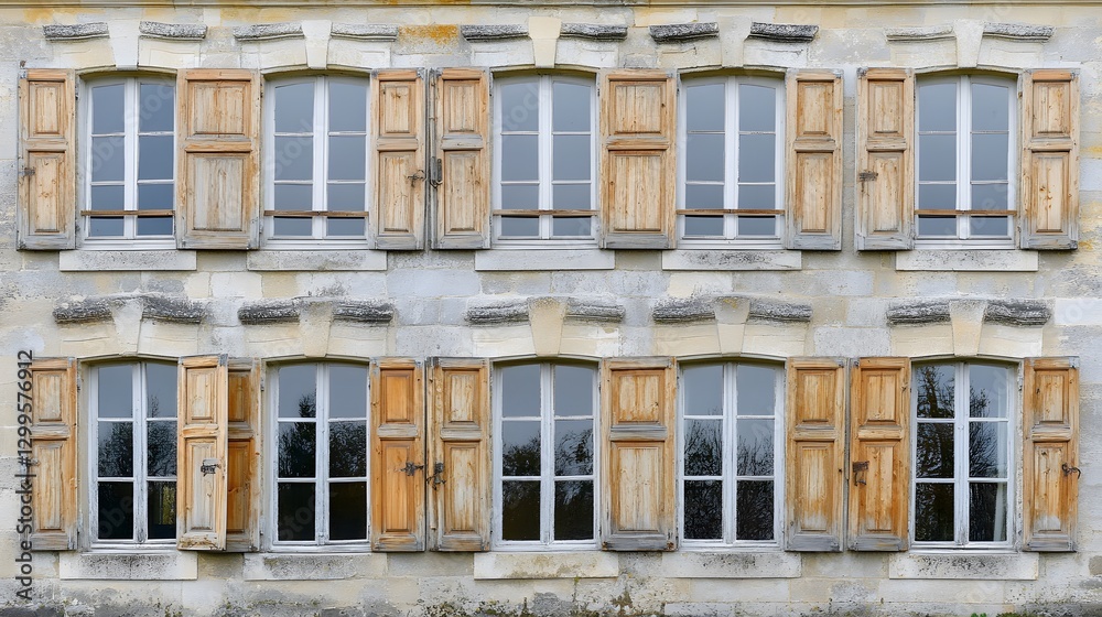 Antique Wooden Shutters on Stone Building Facade Antique Wooden Shutters on Stone Building Facade