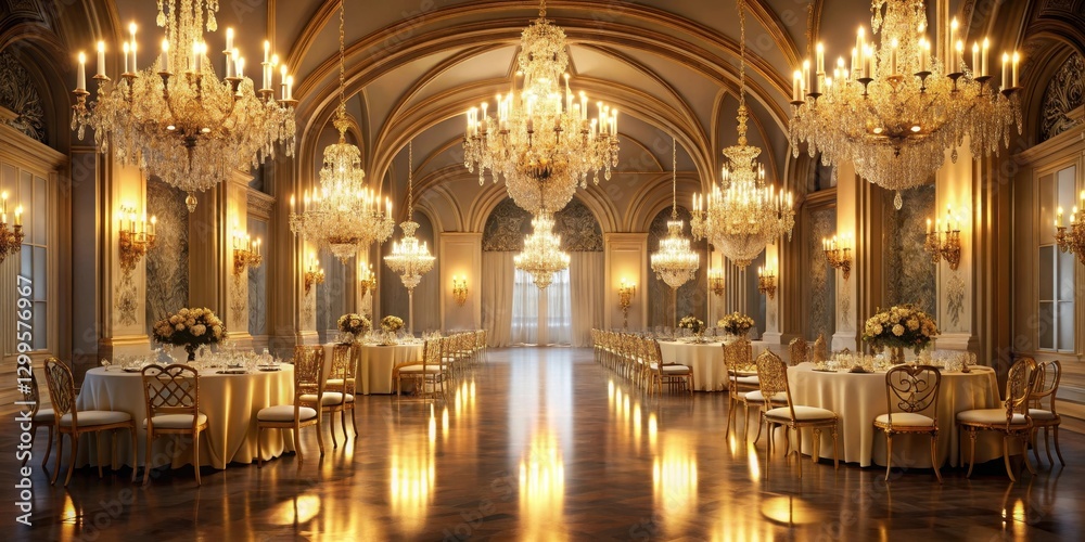 Fototapeta premium Grand luxurious event setup with gold arches under elegant chandeliers and soft warm candlelight illumination , sophistication, gold arch