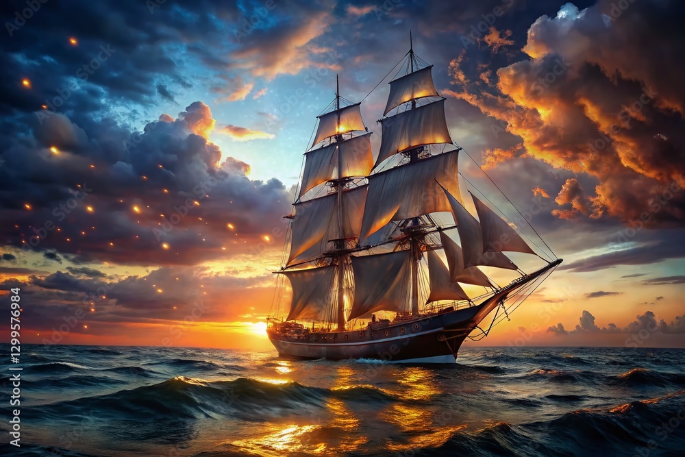 Obraz premium Low Light Schooner Sailing at Dusk - Dramatic Seascape Stock Photo